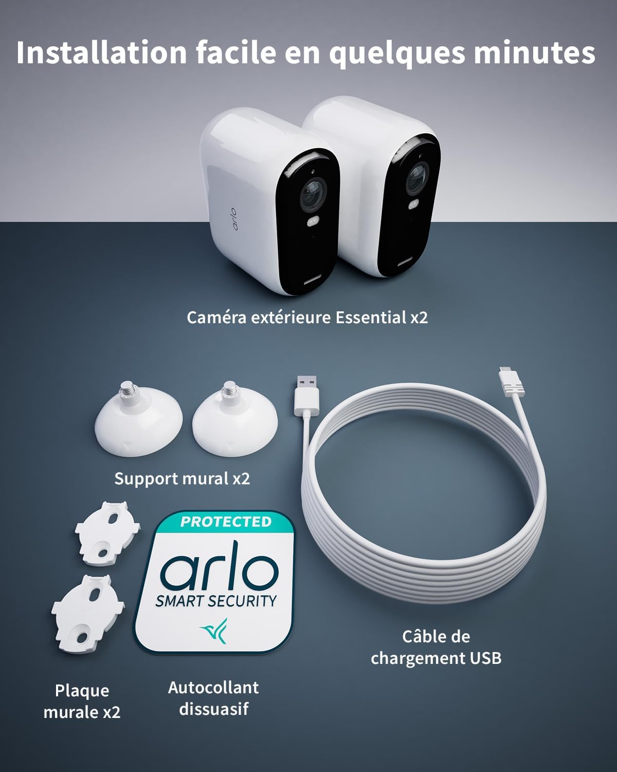Arlo VMC2252-100EUS Caméra de sécurité extérieure Essential 2 WiFi Full HD Batterie XL, Kit de 2 caméras Blanc