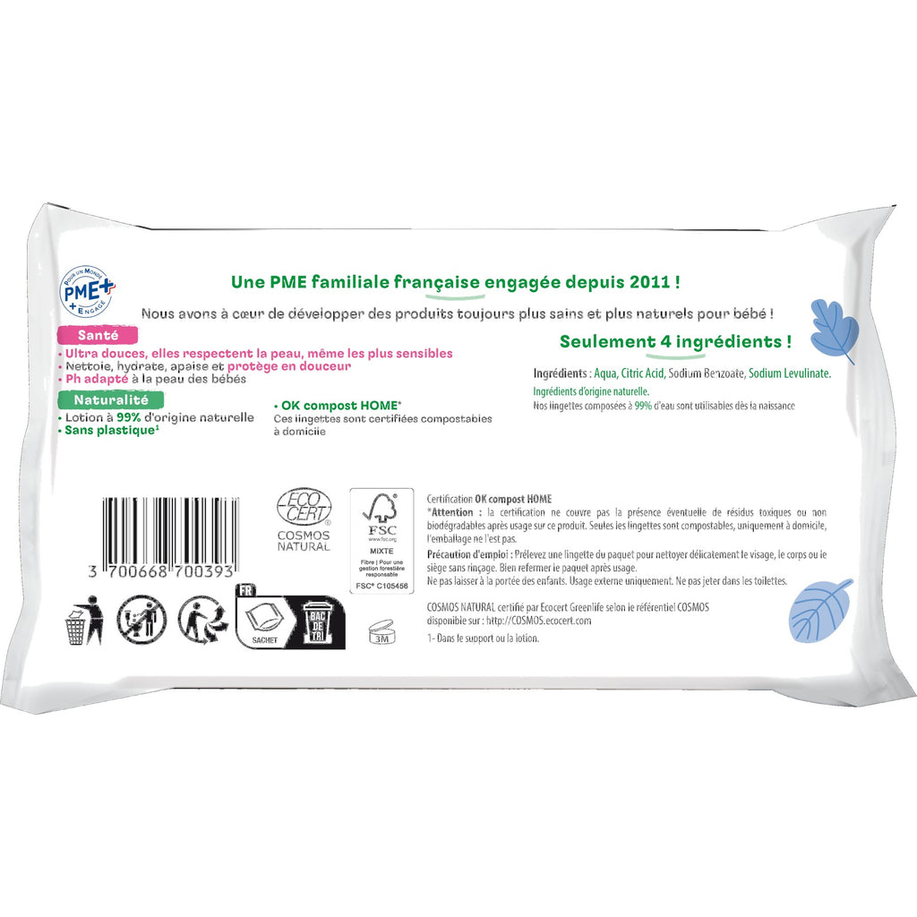 LOVE & GREEN Lingettes écologiques à l'eau - fibres 100% d'origine naturelle - 56 lingettes