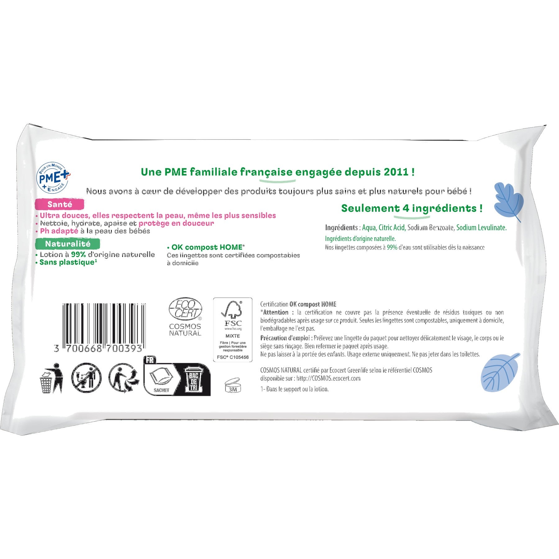 LOVE & GREEN Lingettes écologiques à l'eau - fibres 100% d'origine naturelle - 56 lingettes