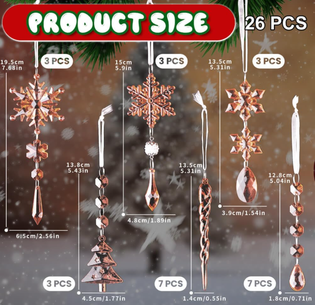 Ju7cer Lot de 26 décorations de sapin de Noël en cristal, pendentif colonnaire en acrylique à motif flocon de neige, décoration de sapin de Noël d'hiver pour intérieur et extérieur, fêtes, rose poudré