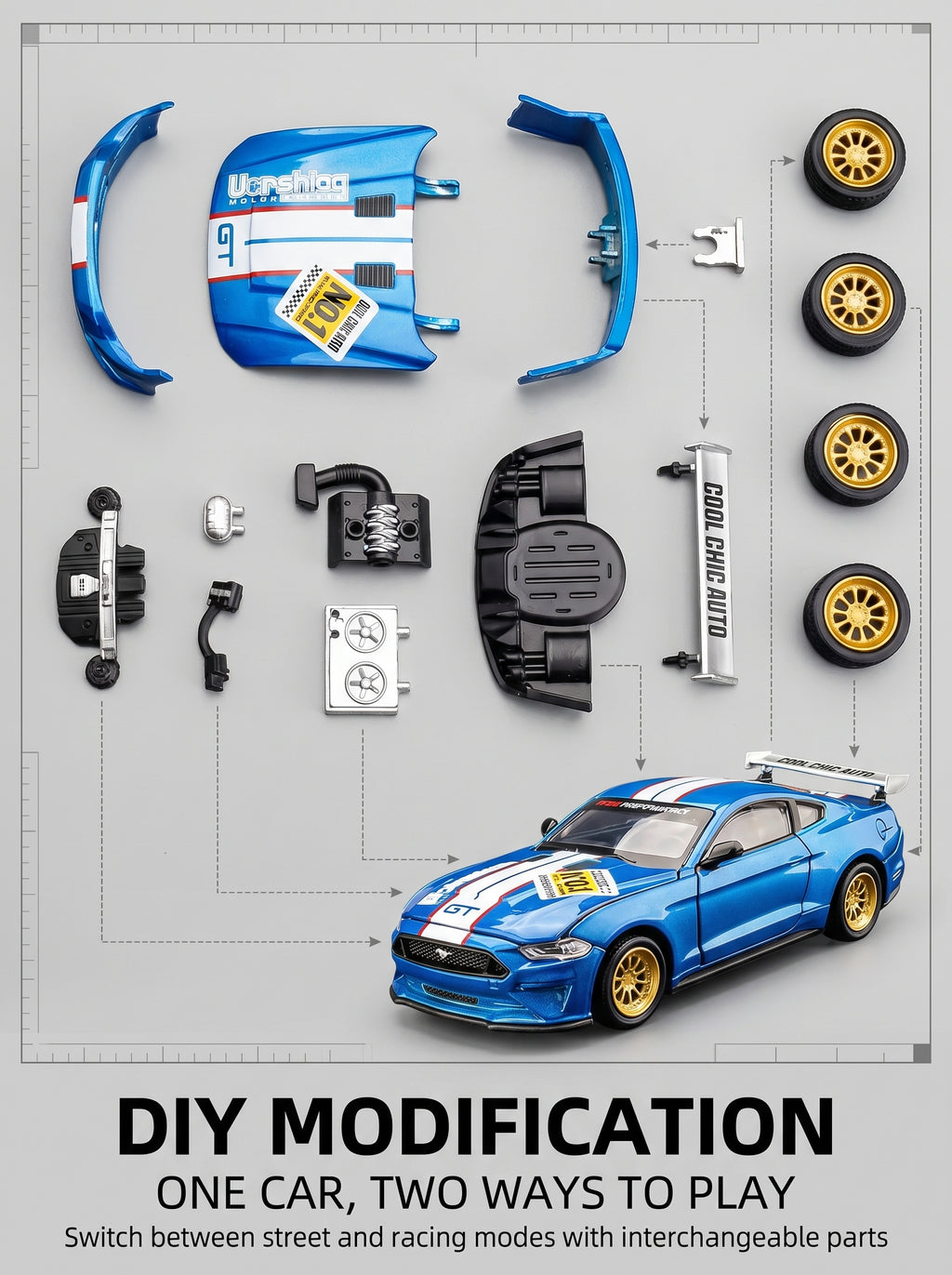 CCA Classic Blue 2018 Ford Mustang GT Voiture Miniature en Métal 1:42 - Kit DIY avec Portes Ouvertes, Intérieur Détaillé, Cadeau de Collection