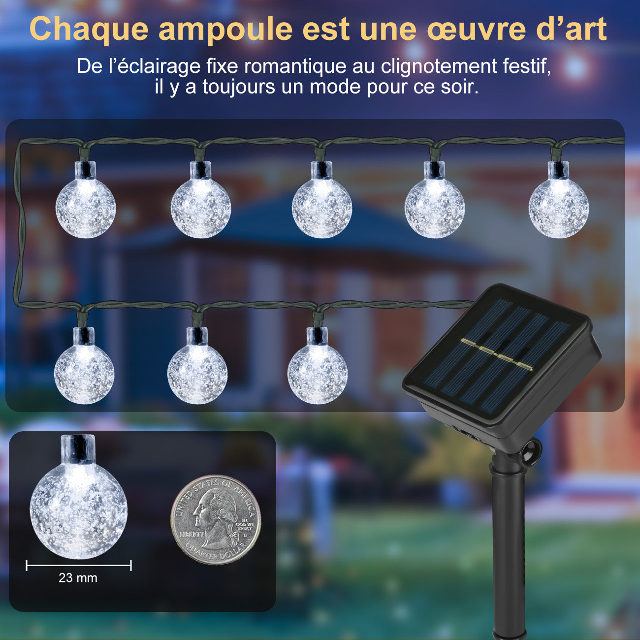 VIVREAL Guirlande lumineuse solaire à boules bulles – 7 m (23 ft) 50 LED Blanc froid, Guirlande lumineuse féerique solaire d’extérieur étanche pour jardin, terrasse et décoration de fêtes, PVC-006-01, Promotion du Nouvel An, Meilleures idées cadeaux