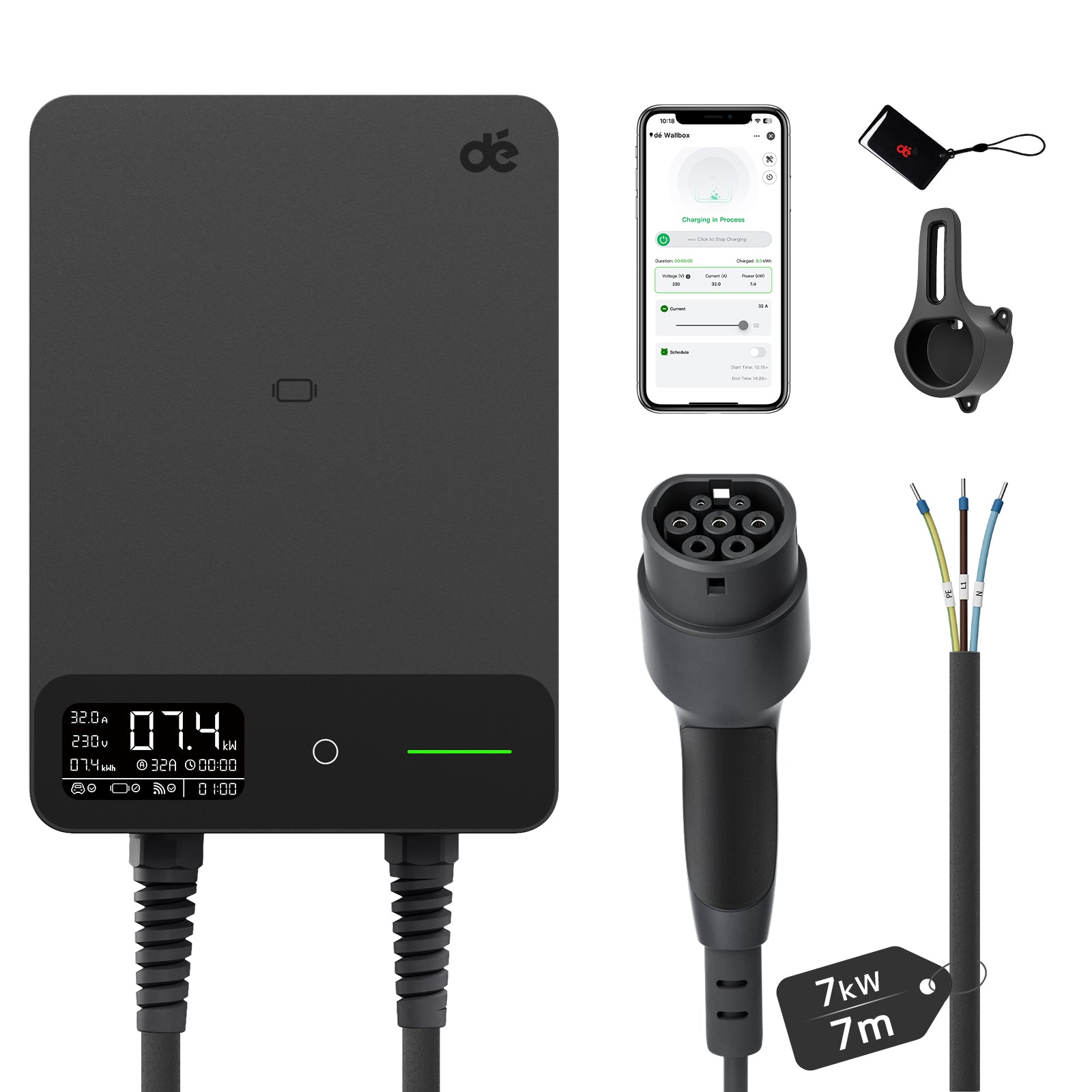 dé Borne de recharge pour véhicules électrique 7.4 kW APP, 7,5 m, 6-32 A, monophasé avec câble de recharge Type 2, RFID, RCD Type-B et IP54 compatible E-208 et autres BEV/PHEV