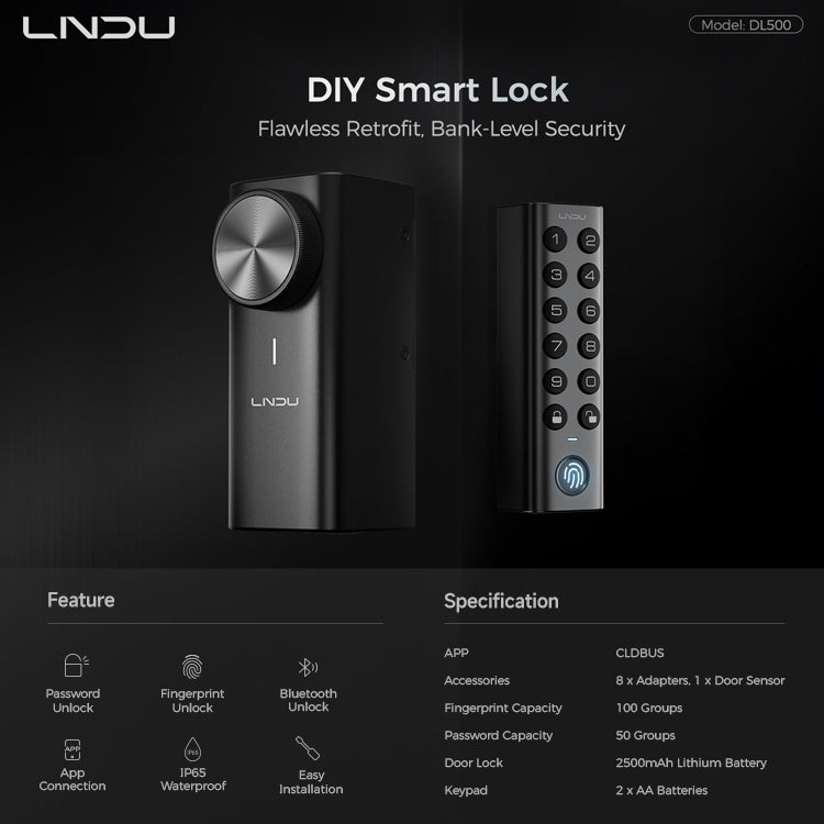 LNDU DL500 Serrures connectées, installation facile, système de sécurité intérieur avec identification par empreinte digitale, rétrofit électrique pour porte extérieure