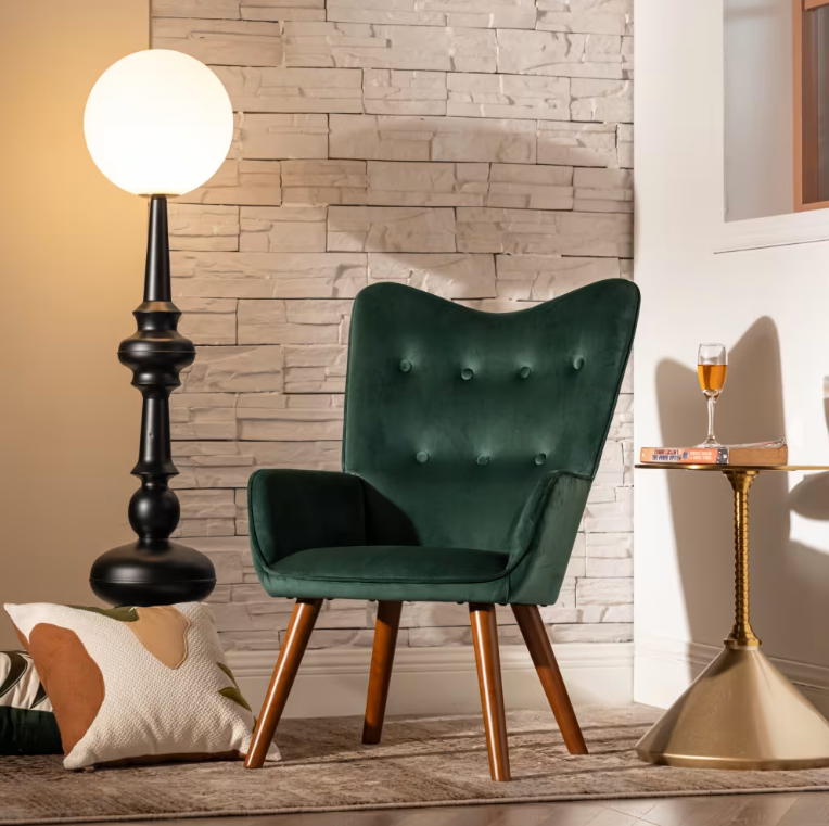 URBAN MEUBLE Fauteuil Velours vert Pieds en bois Confortable