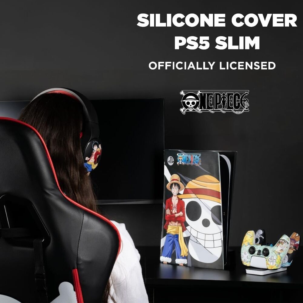 Konix One Piece Façade de protection pour console PS5 Slim - Silicone - Antichoc - Anti-rayures - Motif Luffy - Noir