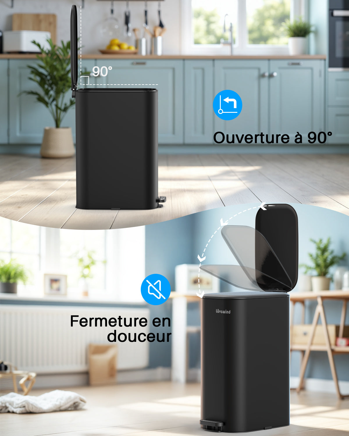Lovewind Poubelle de cuisine 30 L, Poubelle étroite en acier inoxydable noir pour cuisine, Poubelle à pédale noire avec couvercle à fermeture douce, Seau intérieur amovible