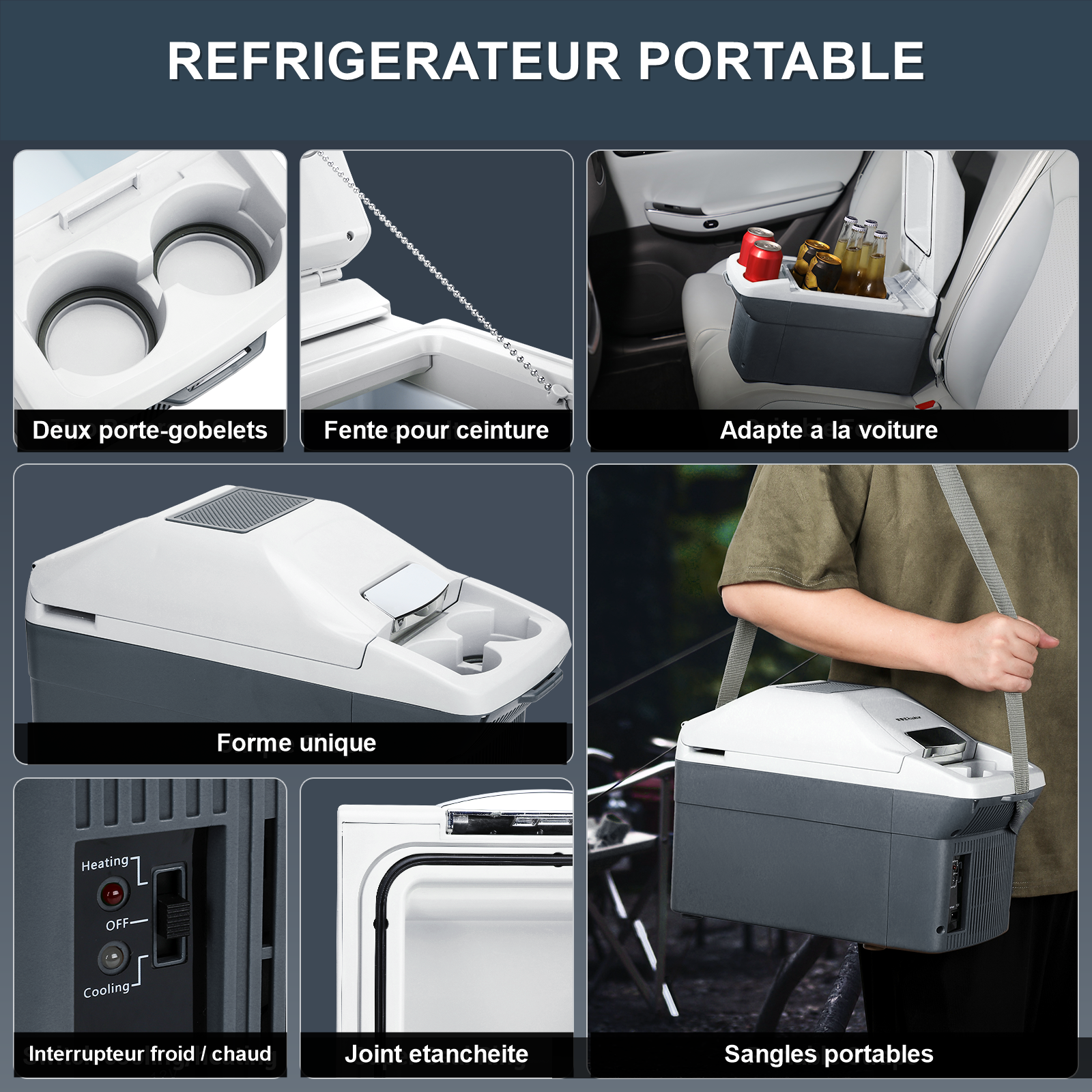 ICEROVER PN-09 9 L Réfrigérateur de Voiture Portable 12 V & Chauffe-Plat, Design à Double Porte-Gobelet, Gris Foncé, Idéal pour le Voyage, le Camping & les Déplacements
