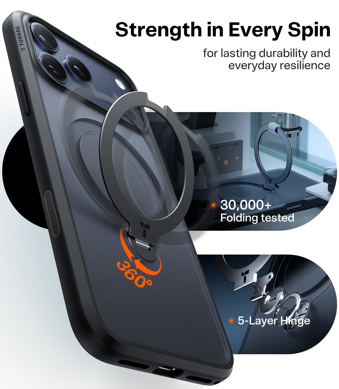 TORRAS Ostand Série Spin pour Coque iPhone 17 Pro Support Magnétique Rotatif à 360° Protection Militaire Finition Mate Antidérapante et Anti-traces de Doigts - Noir