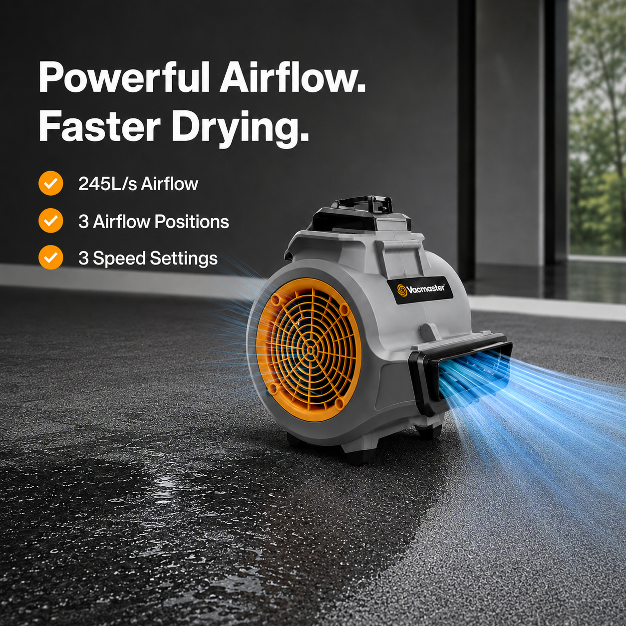 Vacmaster AM1202 Air Mover – Ventilateur de sol 124 W, 3 vitesses, débit d'air 245 L/s, inclinaison réglable, connexion en série jusqu'à 12 appareils, pour séchage, refroidissement et ventilation