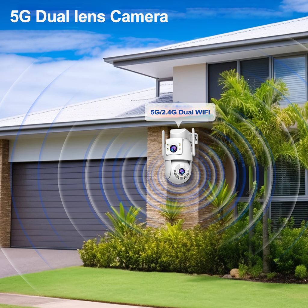 JOOAN Caméra de sécurité extérieure HD 2K à double objectif, Double Wi-Fi 5 GHz 2,4 GHz filaire, Rotation PTZ, Audio bidirectionnel, Alarme sonore et lumineuse, Suivi automatique