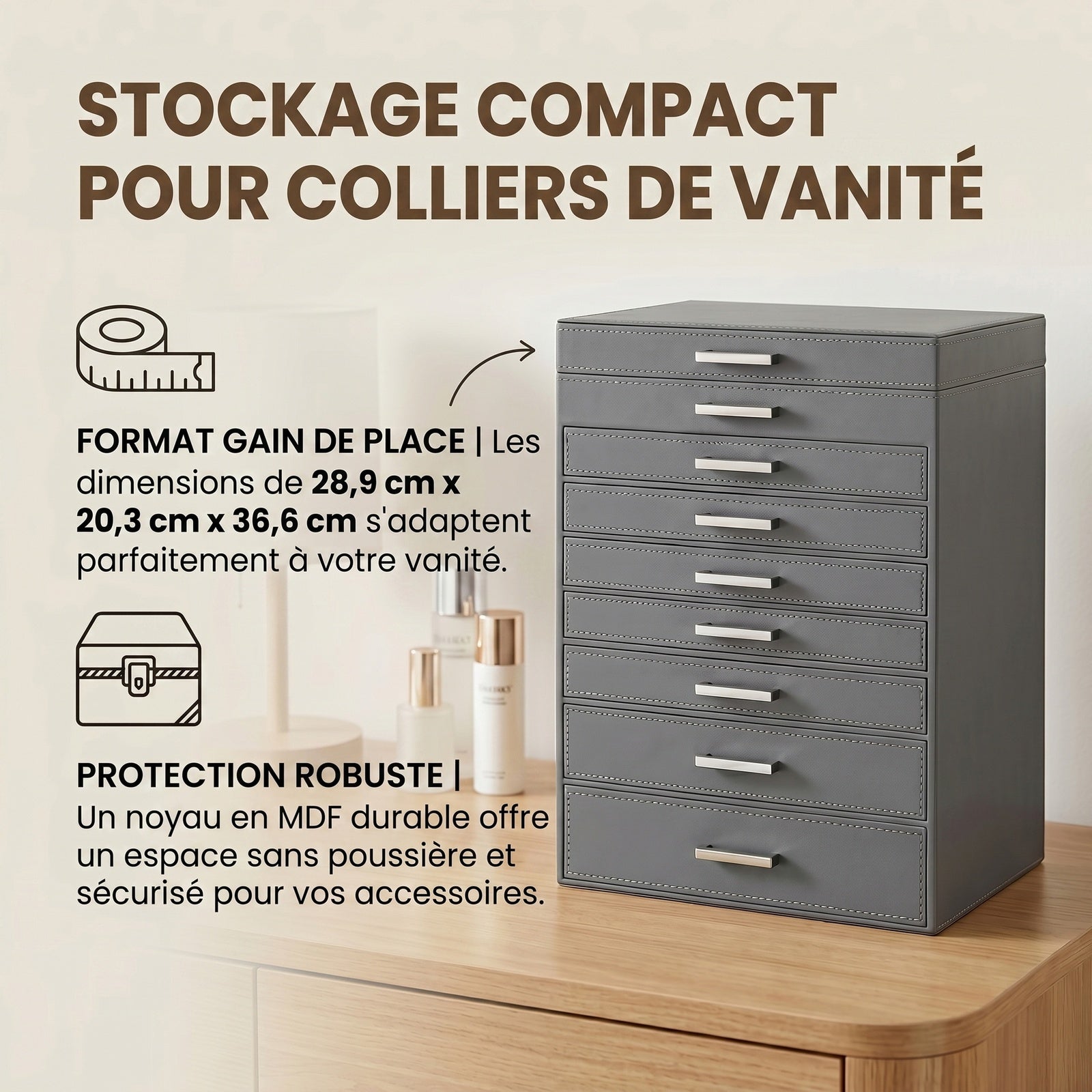 JOYFURNOS Grand Organisateur de Bijoux, Boîte à Bijoux à 8 Niveaux avec Miroir, 7 Tiroirs, Étui de Rangement Moderne, Idée Cadeau, Gris Foncé