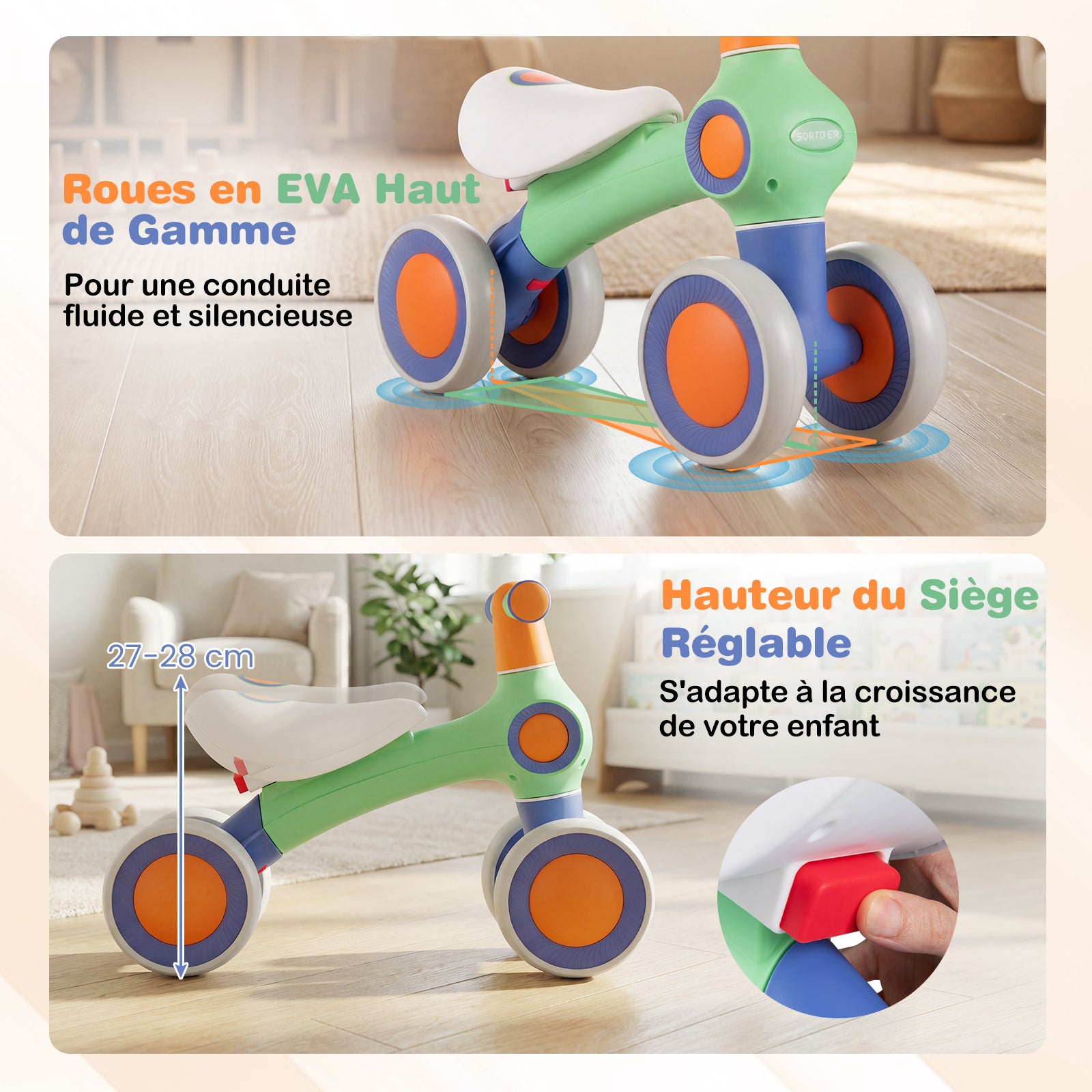 Draisienne pour bébé, siège rembourré réglable, 4 roues silencieuses, sans pédales, vert