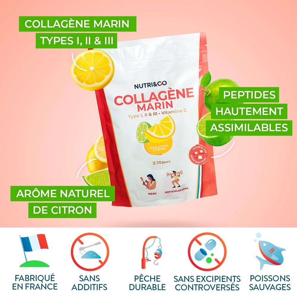 Nutri&Co Collagène marin type 1, 2 et 3 - goût citron - 180 g