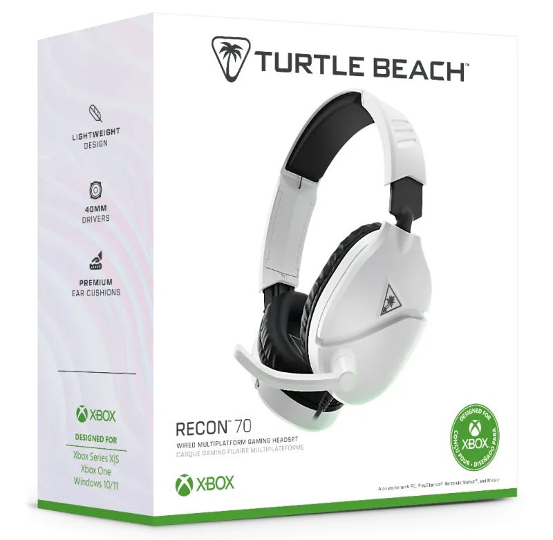 Turtle Beach Casque gaming filaire Recon 70 Xbox Blanc - Xbox Series X|S, Xbox One, PS5, PC et Switch 2 - Jack 3,5 mm - Haut-parleurs 40 mm - Micro flip to mute - Blanc