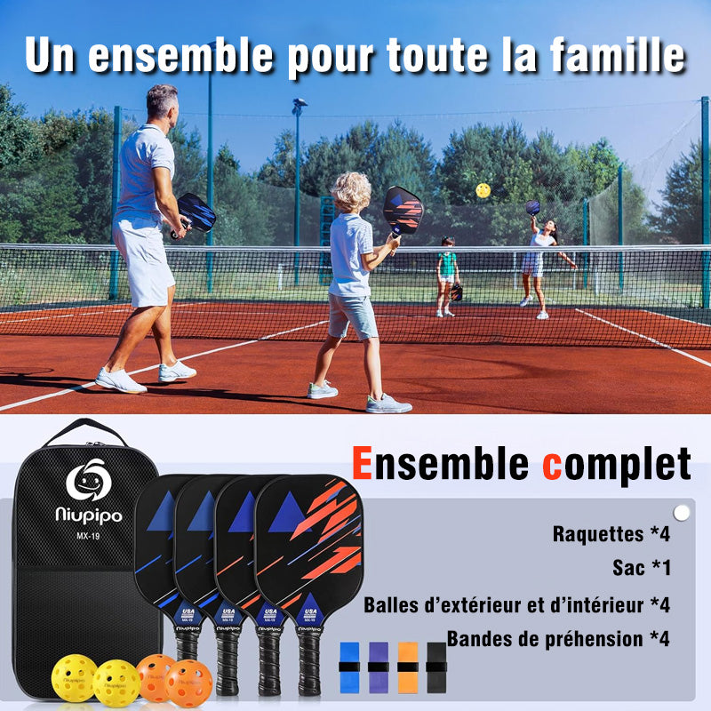 NIUPIPO MX-19 Lot de 4 raquettes de pickleball, 4 bandes de préhension, 4 balles et un sac de transport