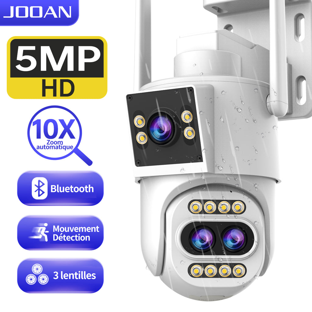JOOAN Caméra de surveillance extérieure, 3 objectifs, 2 vues, zoom optique 10x et suivi automatique, IP PTZ 360°, Wi‑Fi 2,4 GHz filaire, IP66 étanche, alarme de détection de mouvement, stockage carte 8–256 Go/Cloud, notification SMS