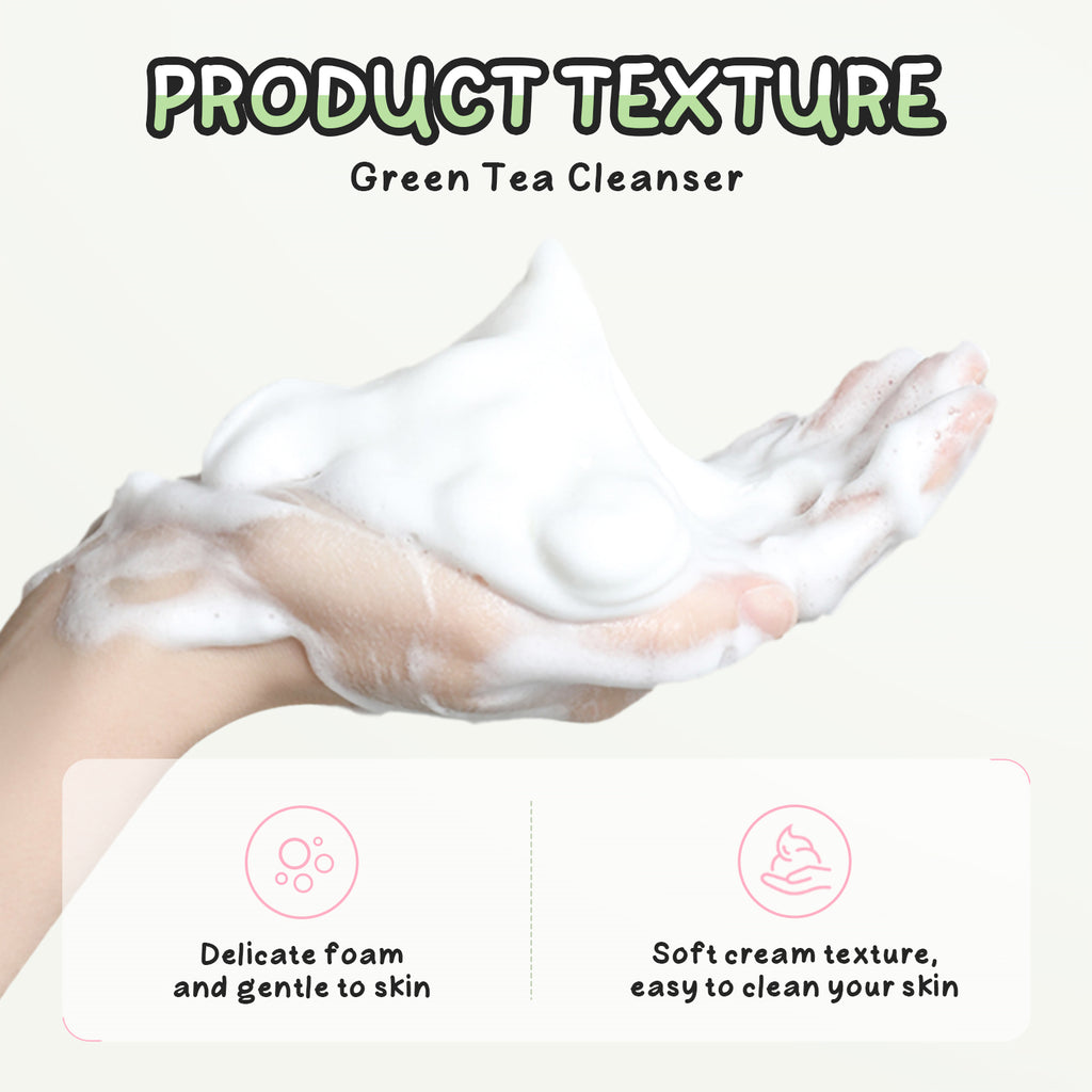 QUIYUM Coffret de soins au thé vert - Nettoyant 80 g, Lotion tonique 100 ml, Crème contour des yeux 20 g, Masque à l’argile 100 g, avec stickers pour ongles, serviette