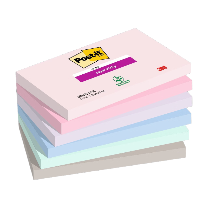 Post-It Blocs-notes super adhésifs, Collection de couleurs Soulful, 127 mm x 76 mm, 90 feuilles par bloc, 6 blocs par paquet, 100 % PEFC, SGSCH-PEFC-COC-110078