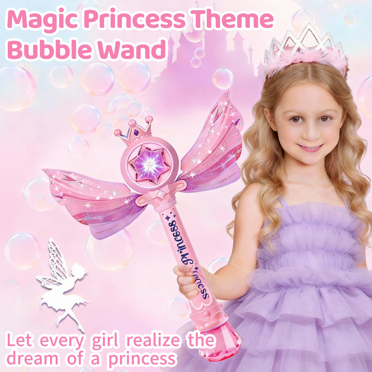 Jouet machine à bulles baguette magique de princesse, Baguette souffleur de bulles automatique avec lumière LED musique et couronne à ailes, Cadeau de jouet fabricant de bulles fée rose pour filles et enfants fête en plein air