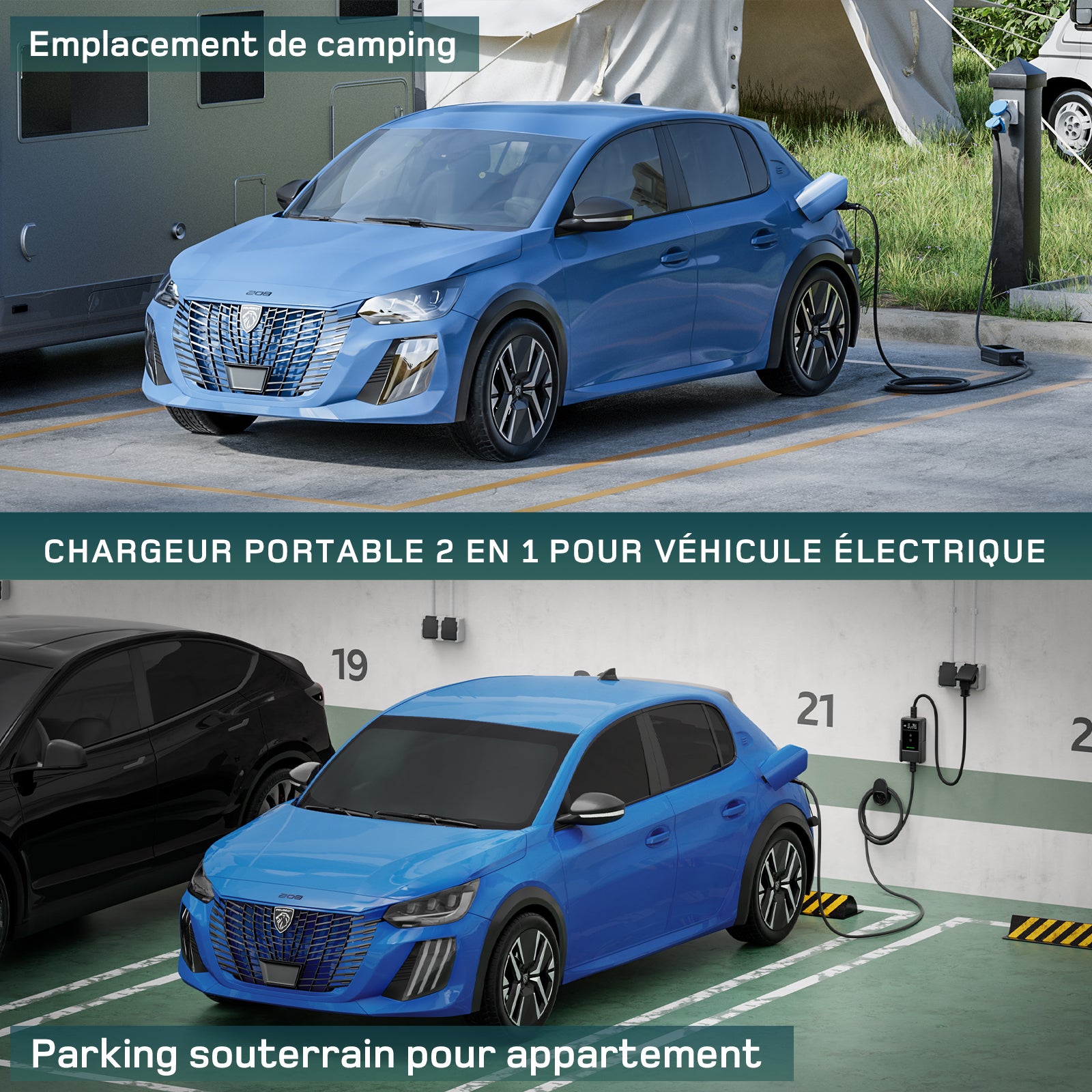 dé Chargeur EV 3,7 kW avec application 7 m 6–16 A réglable Type 2 Schuko Chargeur de voiture électrique Plug & Play avec écran LCD, IP66, et DDR Type A 30 mA AC + 6 mA DC, Câble de charge de voiture électrique pour EV/PHEV, Noir