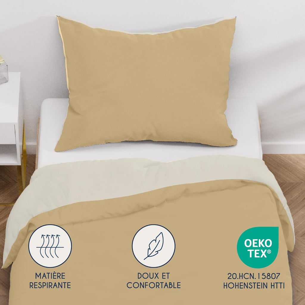 MENDALE Housse de couette - Ensemble de literie de qualité supérieure - Housse de couette 140*200 cm avec taie d'oreiller 65*65 cm - Microfibre douce brossée - Blanc cassé et kaki