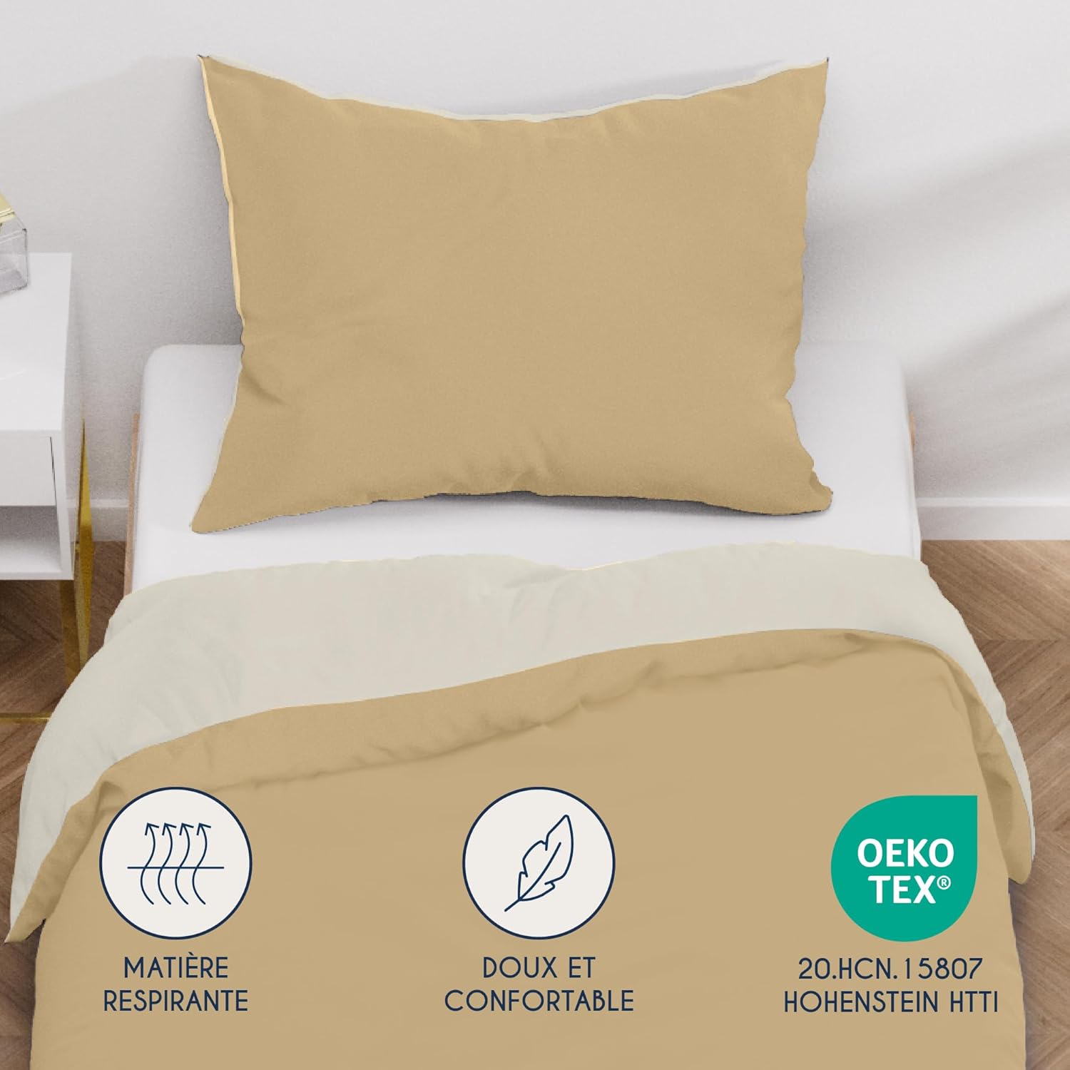 MENDALE Housse de couette - Ensemble de literie de qualité supérieure - Housse de couette 140*200 cm avec taie d'oreiller 65*65 cm - Microfibre douce brossée - Blanc cassé et kaki