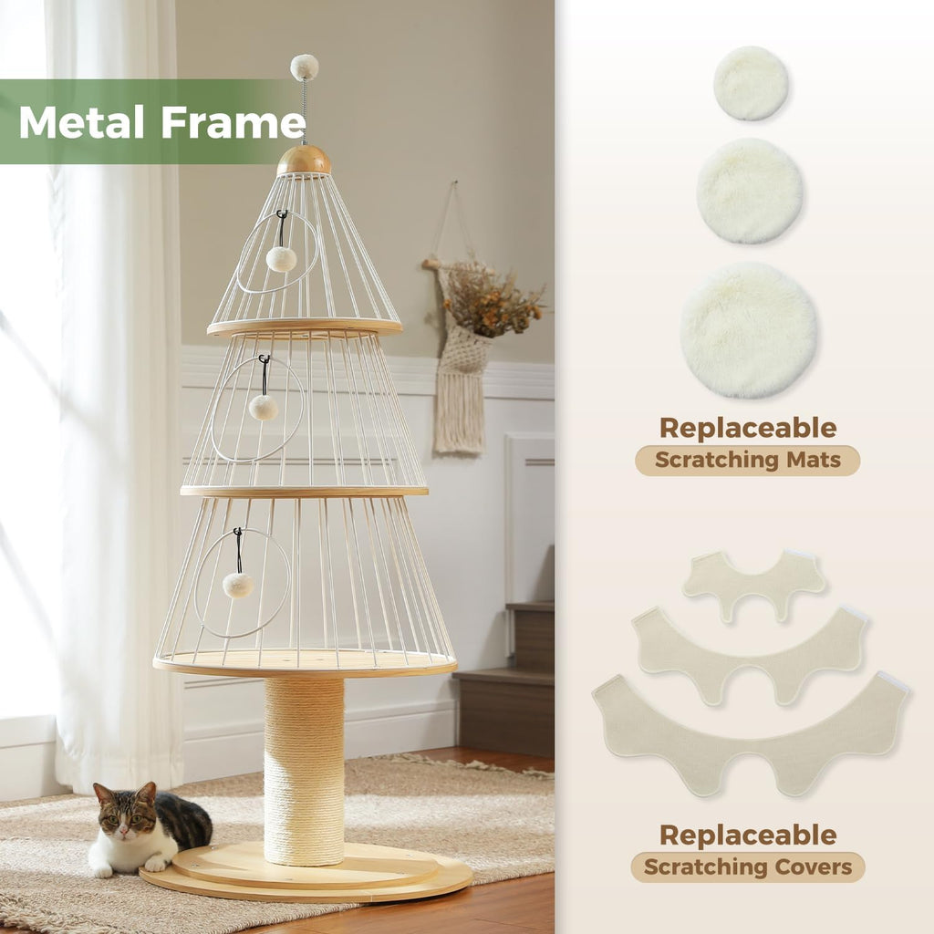 PAWZ Road Arbre de Noël pour chat 130 cm, tour pour chat avec poteau à griffer recouvert de sisal de 14 cm et 3 grandes niches pour chat, grand poteau à griffer pour chats d’intérieur, Blanc