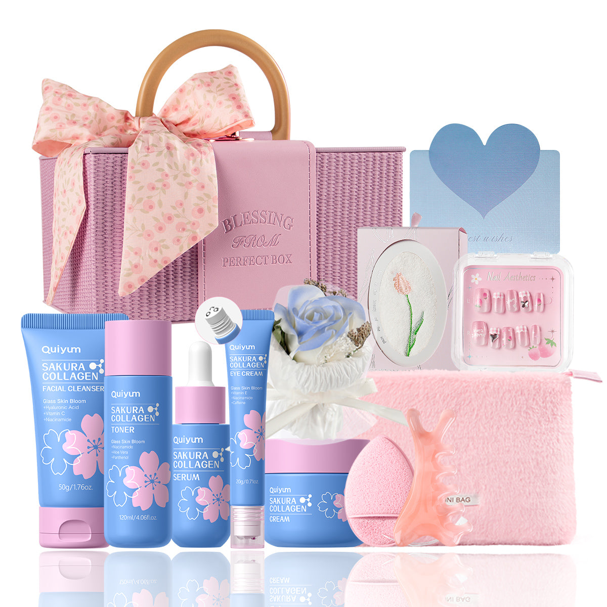 Quiyum Coffret de soins Sakura au collagène 12 pièces Nettoyant 50 g, Lotion tonique 120 ml, Sérum 30 ml, Crème contour des yeux 20 g, Crème 50 g, Autocollants pour ongles, Serviette