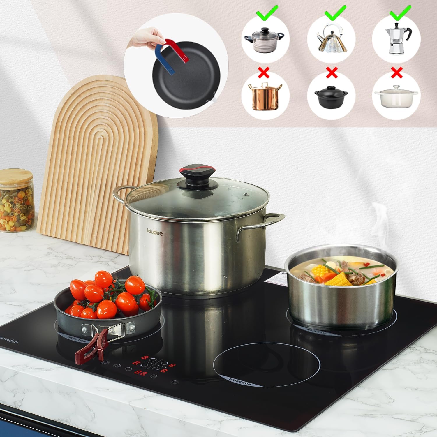 TOPWISH Plaque à induction 4 foyers 60 cm encastrable 4 zones Sécurité enfant Puissance renforcée Commande tactile Indicateur de chaleur résiduelle Minuterie