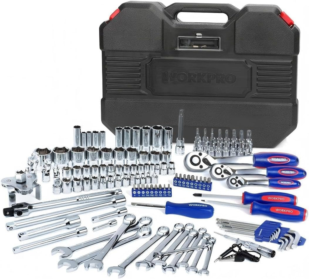 WORKPRO Jeu de douilles 123 pièces, 1/2", 1/4", 3/8" Jeu d'outils de mécanique | Clé à cliquet à libération rapide, Acier Cr-V, Douilles métriques et SAE, Rangement facile