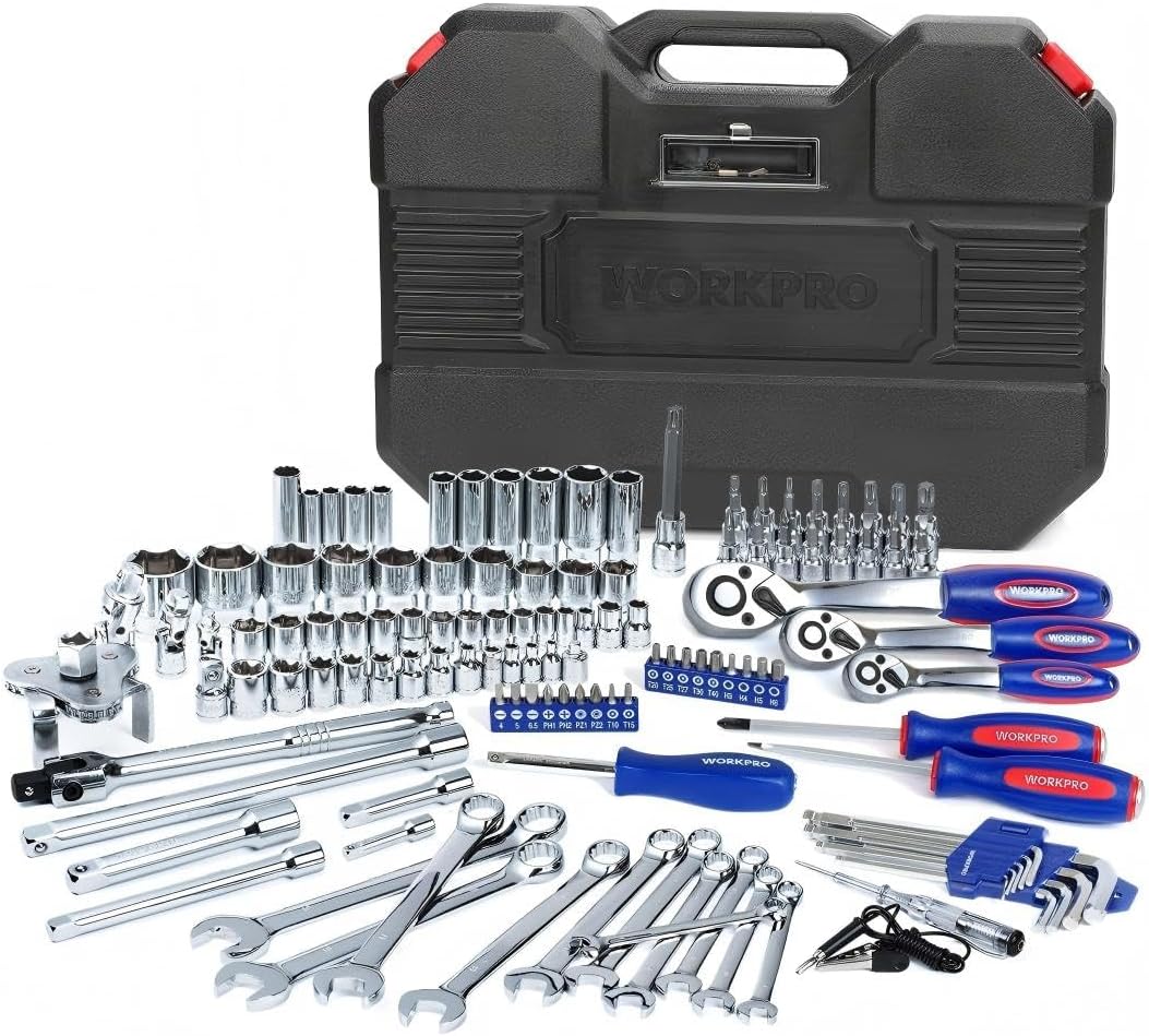 WORKPRO Jeu de douilles 123 pièces, 1/2", 1/4", 3/8" Jeu d'outils de mécanique | Clé à cliquet à libération rapide, Acier Cr-V, Douilles métriques et SAE, Rangement facile