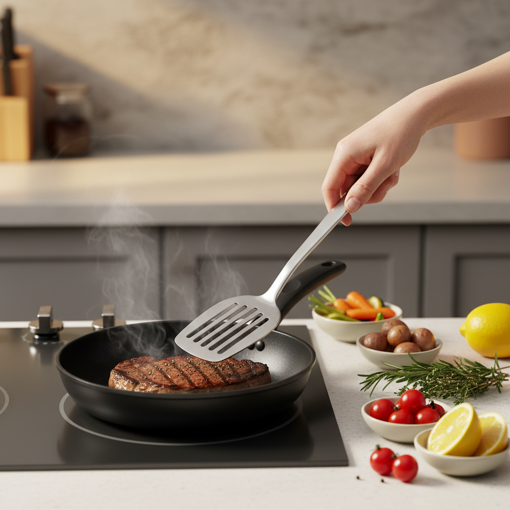 Maxcook Set de 4 ustensiles de cuisine en acier inoxydable, comprend spatule à wok, retourneur ajouré, louche à soupe, écumoire