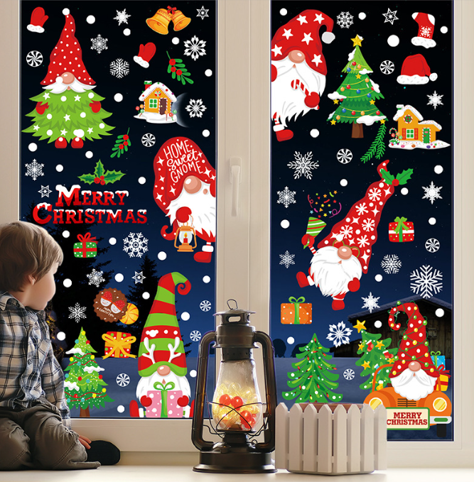 Ju7cer Autocollants de fenêtre de Noël pour enfants, décorations de fenêtre de Noël autoadhésives, motifs de lutins, 9 autocollants de fenêtre de Noël, autocollants de fenêtre d'hiver, décorations