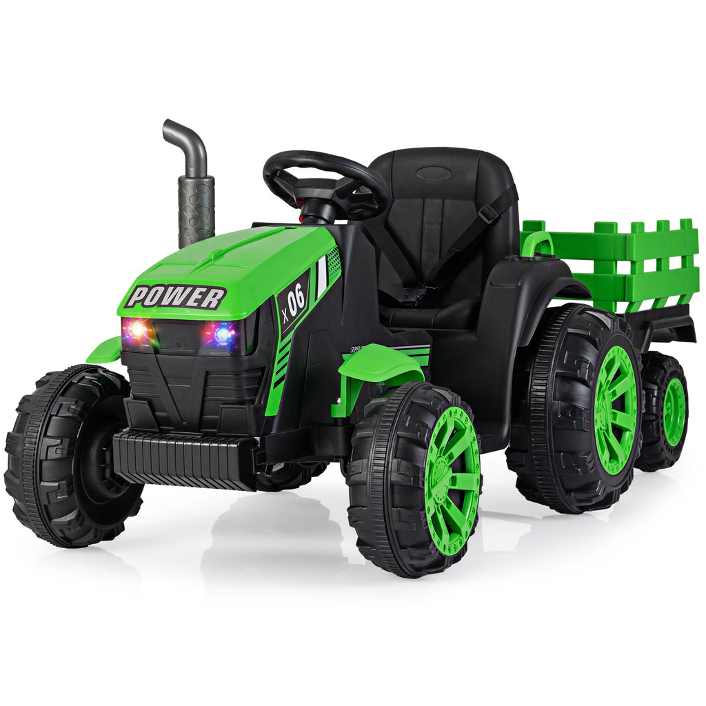 Costway Tracteur électrique pour enfants 24 V avec phares LED RVB, Musique et port USB, Remorque de tracteur électrique et télécommande parentale, Vert