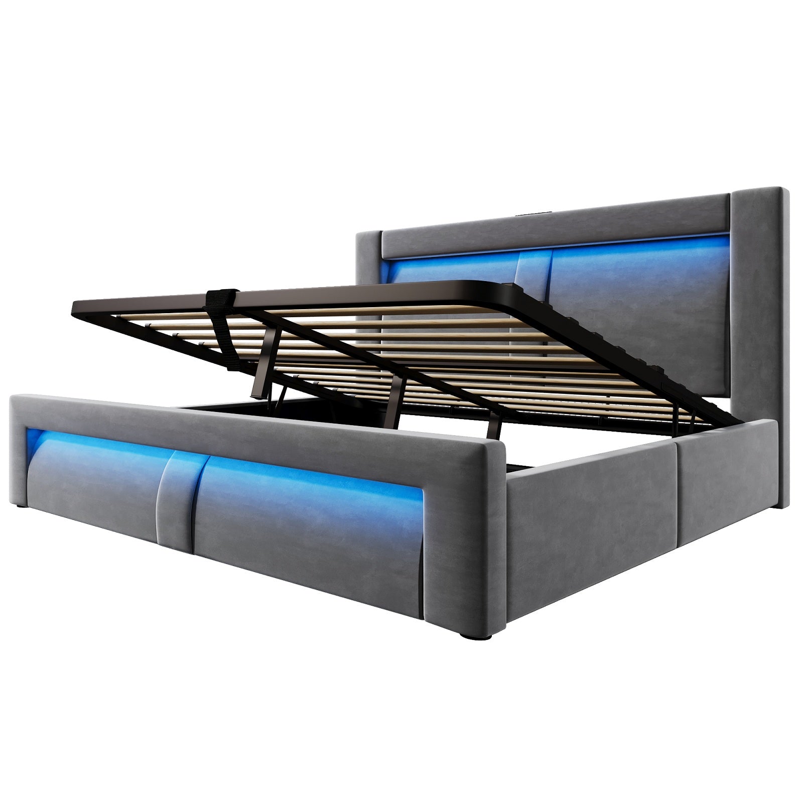 URBAN MEUBLE Lit double 140x200 cm en velours avec rangement, mécanisme de levage hydraulique, éclairage LED, ports USB et Type-C, tête de lit incurvée, gris, sans matelas