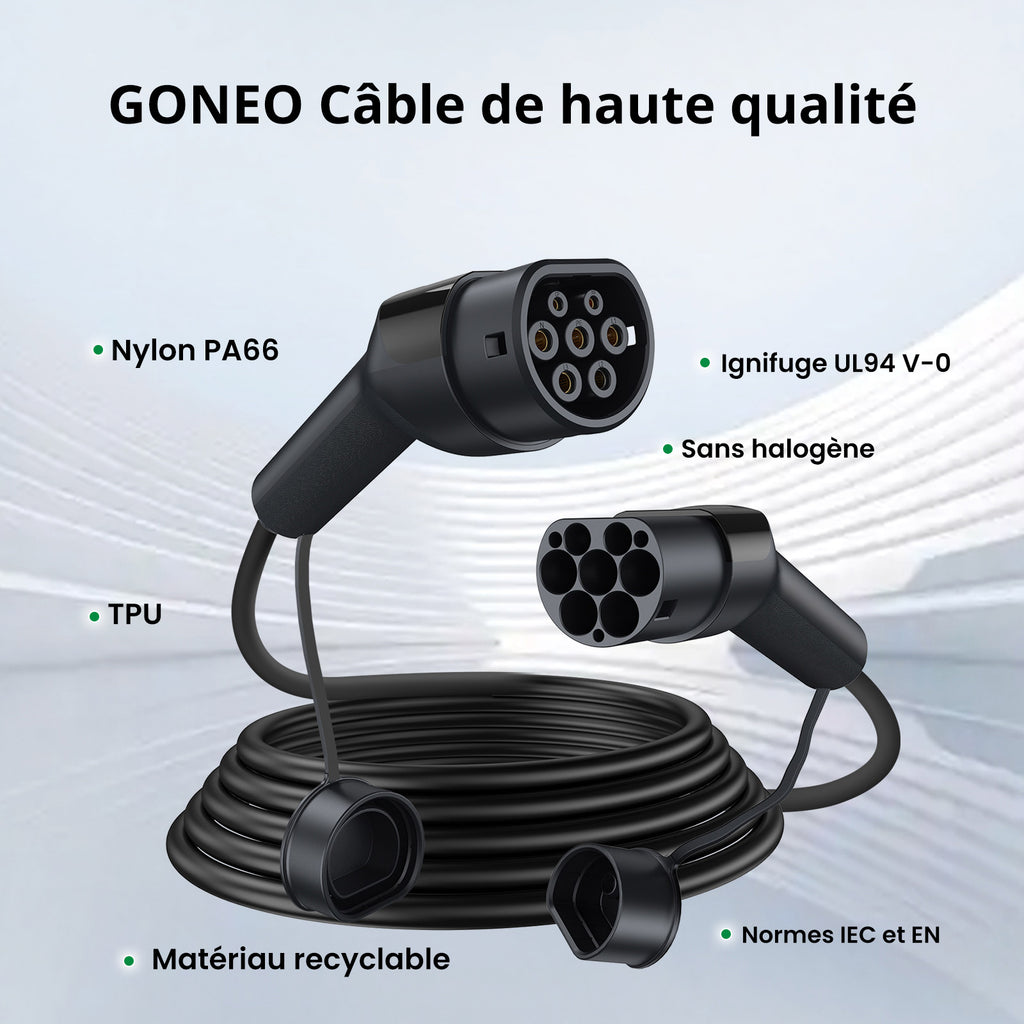 GONEO Câble de recharge EV Type 2 7 kW 32 A 5 m Monophasé Certifié TÜV Soudure ultrasonique Connecteur plaqué argent IP54 Étanche Ignifuge PA66+TPU Avec sac de transport