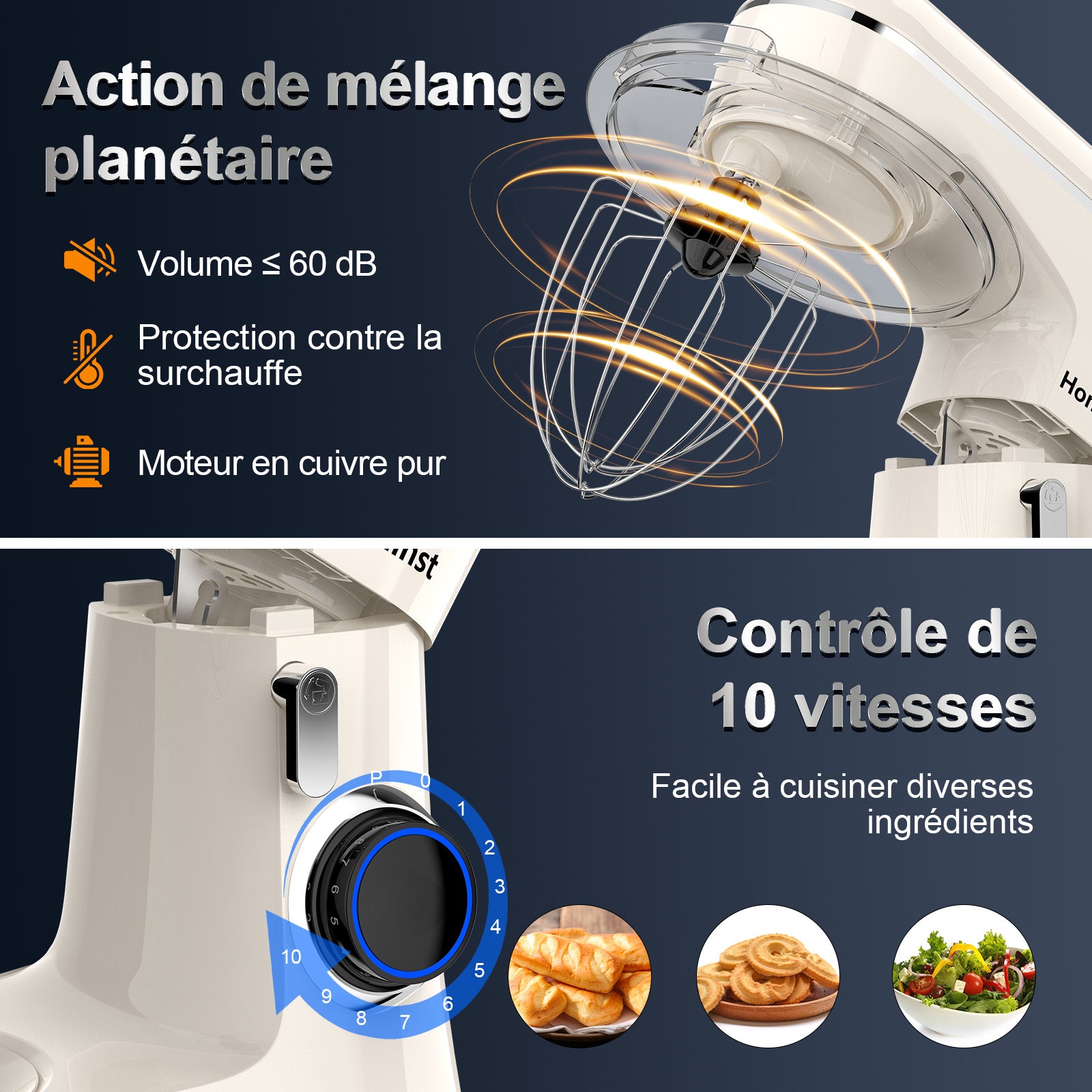 HONINST Robot pâtissier, Robot pâtissier électrique à tête inclinable 6,5 qt 10 vitesses, Robot de cuisine 3-en-1 avec bol, crochet pétrisseur, fouet et batteur plat