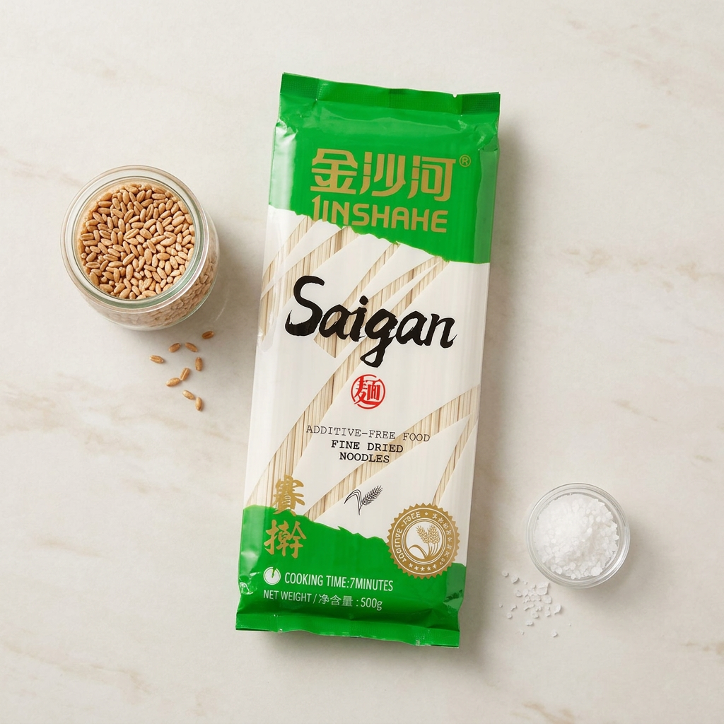 Jin Sha He Nouilles séchées Saigan 500 g Blé de qualité supérieure Texture al dente Format familial
