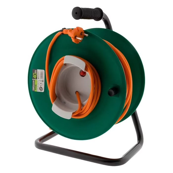 Enrouleur sans prise 2x1,5 mm² 40m pied métal + coupe circuit - Zenitech