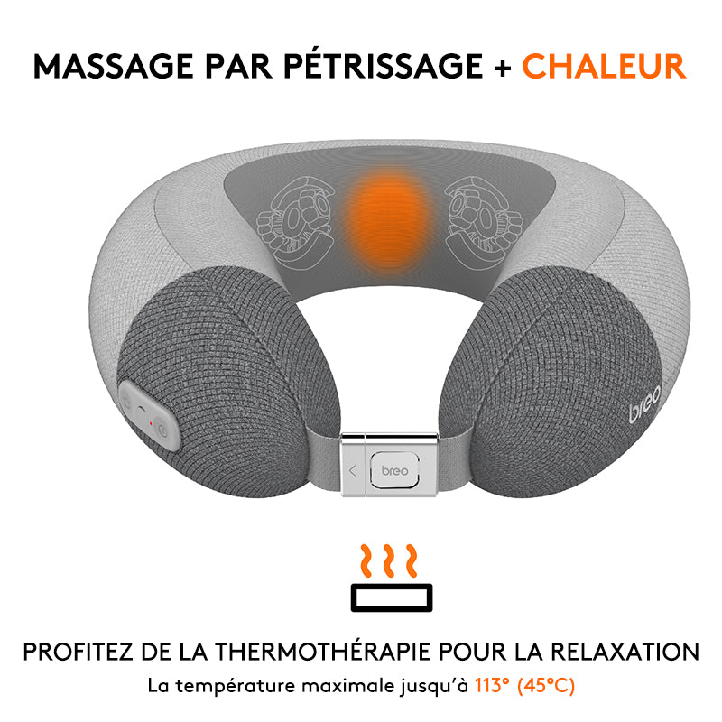 breo iNeck Air 2 Coussin de massage, appareil de massage cervical shiatsu en forme de U avec fonction chauffante et relaxation des tissus profonds pour avion, voiture, voyage, bureau, maison