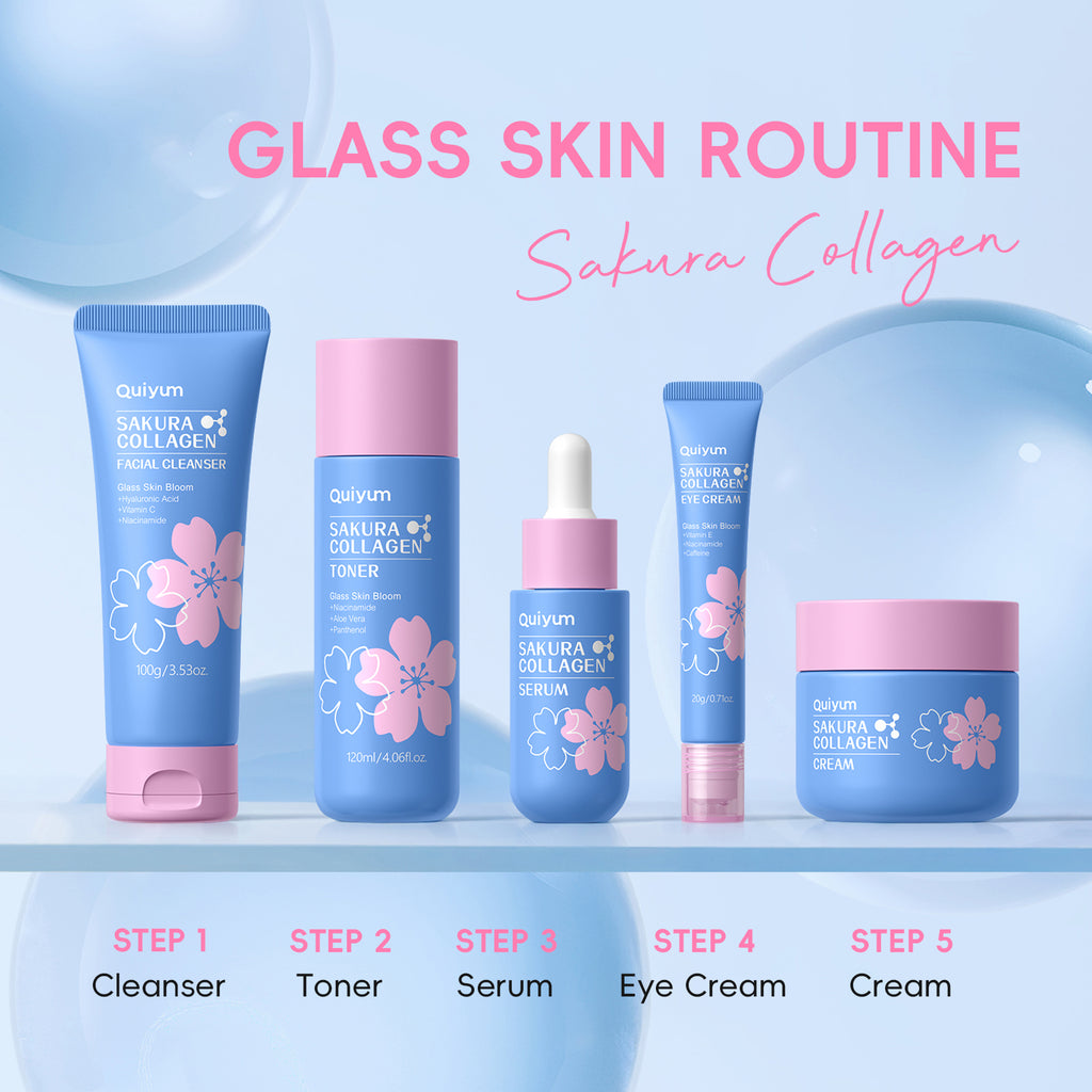 Quiyum Coffret de soins Sakura au collagène 12 pièces Nettoyant 50 g, Lotion tonique 120 ml, Sérum 30 ml, Crème contour des yeux 20 g, Crème 50 g, Autocollants pour ongles, Serviette