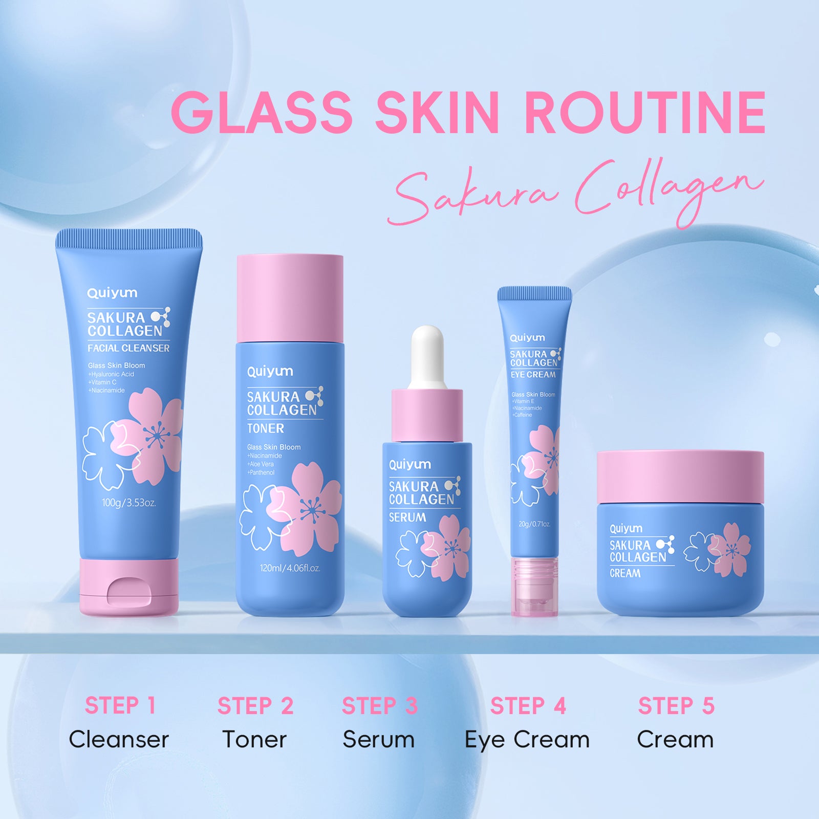 Quiyum Coffret de soins Sakura au collagène 12 pièces Nettoyant 50 g, Lotion tonique 120 ml, Sérum 30 ml, Crème contour des yeux 20 g, Crème 50 g, Autocollants pour ongles, Serviette
