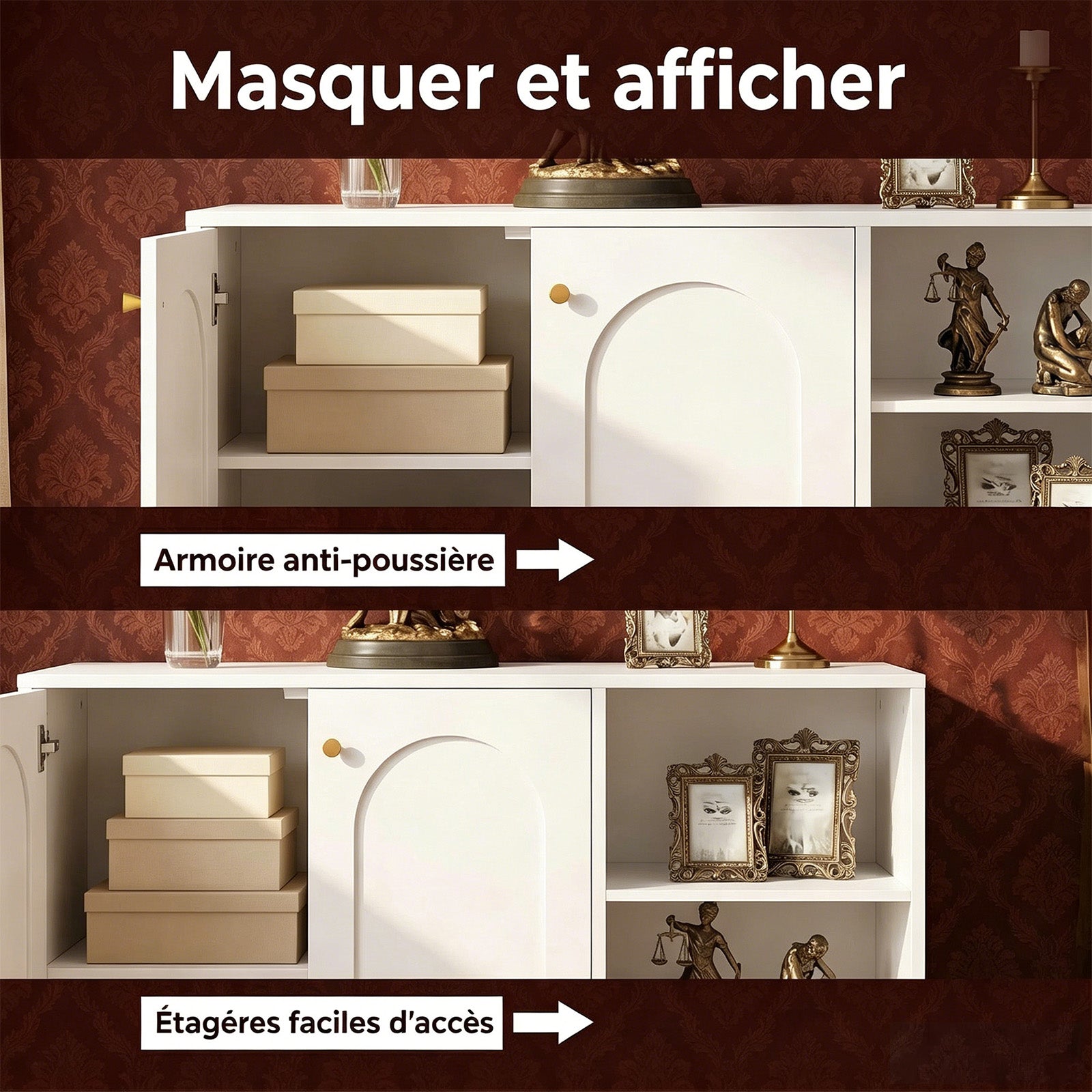 HaluPeit Meuble de salle de bain, Buffet, Meuble de cuisine à 2 portes, Buffet, Meuble de salle de bain avec étagère ouverte, Commode, Étagère réglable, Salle de bain, 35 x 100 x 75 cm, Blanc et or