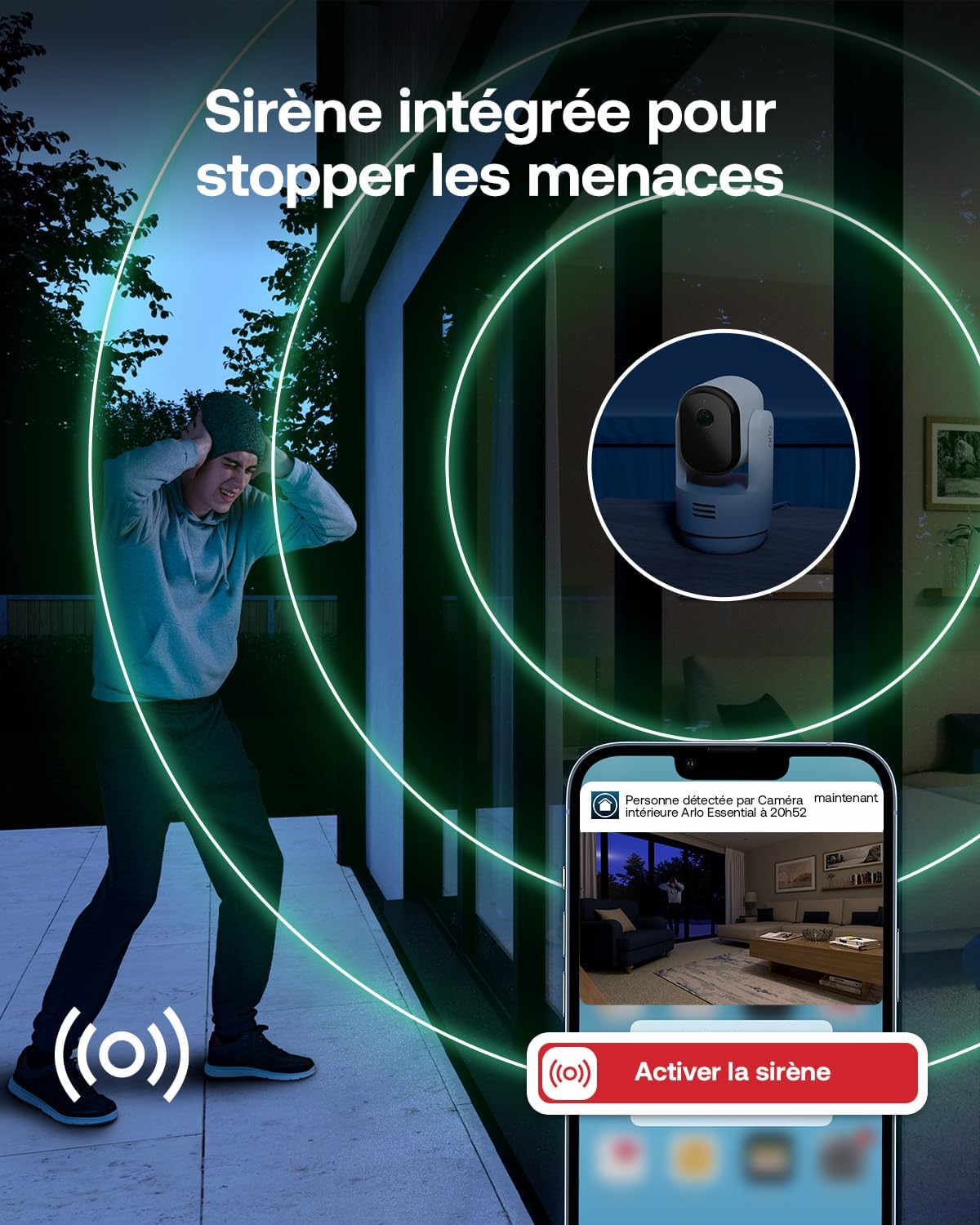 Arlo VMC3273-100EUS Caméra de Sécurité Intérieure WiFi Essential 3 2K PTZ, Kit de 2 caméras, Rotation à 360°, Détection par IA, Compatible avec Alexa, Blanc