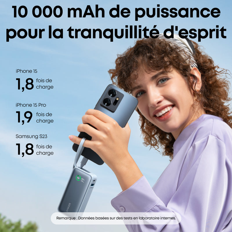 Anker Nano Batterie externe 10 000 mAh avec câble USB-C intégré, Puissance maximale PD 30 W, 1 port USB-C et 1 port USB-A, Compatible iPhone 16 Pro Max/15/14/13/12, MacBook, Galaxy, iPad, AirPods