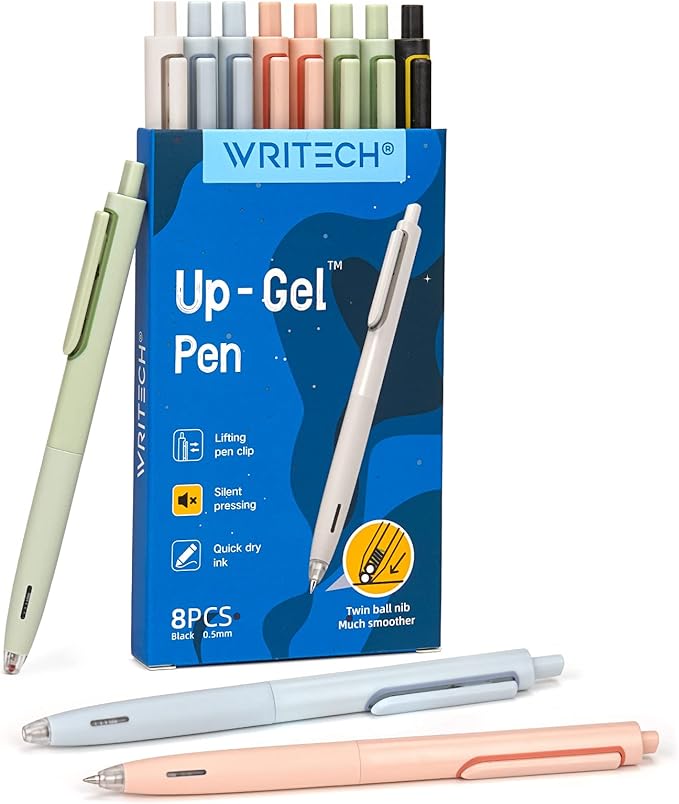 WRITECH Lot de 8 stylos gel Up-Gel à encre noire pointe fine 0,5 mm sans bavure ni tache rétractables à bouton-poussoir pour tenue de journal croquis dessin prise de notes pointe