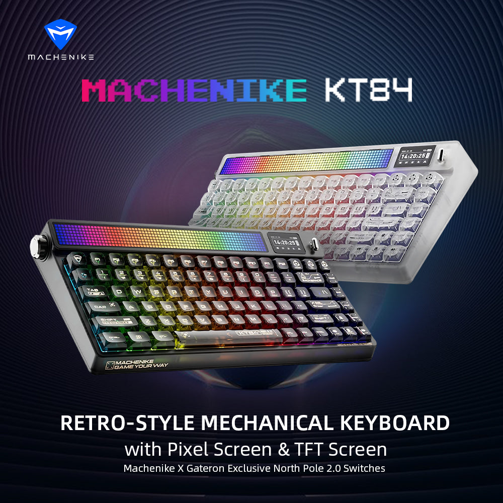 Machenike KT84-B84W clavier mécanique 75 %, triple mode, disposition QWERTY US, matrice LED personnalisable, écran TFT HD, design transparence, montage à joints remplaçable à chaud