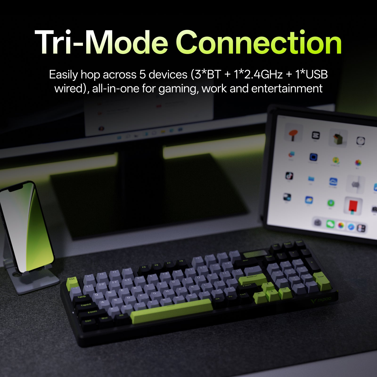 Rapoo V700DIY Clavier mécanique 96 % tri-mode, Gasket Mount et disposition QWERTY US - Noir/gris/vert