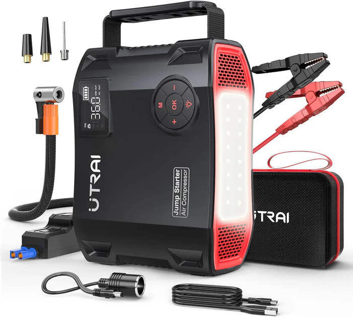 UTRAI JS5 6000A Booster de démarrage pour voiture avec compresseur d'air (150PSI), Booster 12V pour tous les véhicules essence et diesel jusqu'à 10L, Sortie DC 160W/1600lm